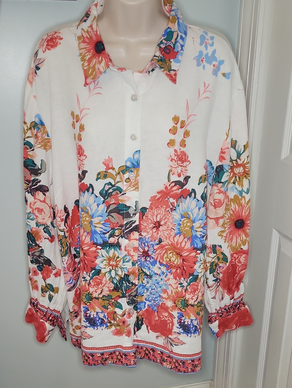 Cynthia Rowley White Floral Button-Front Linen Blend Tunic Blue & Pink Blooms 1X